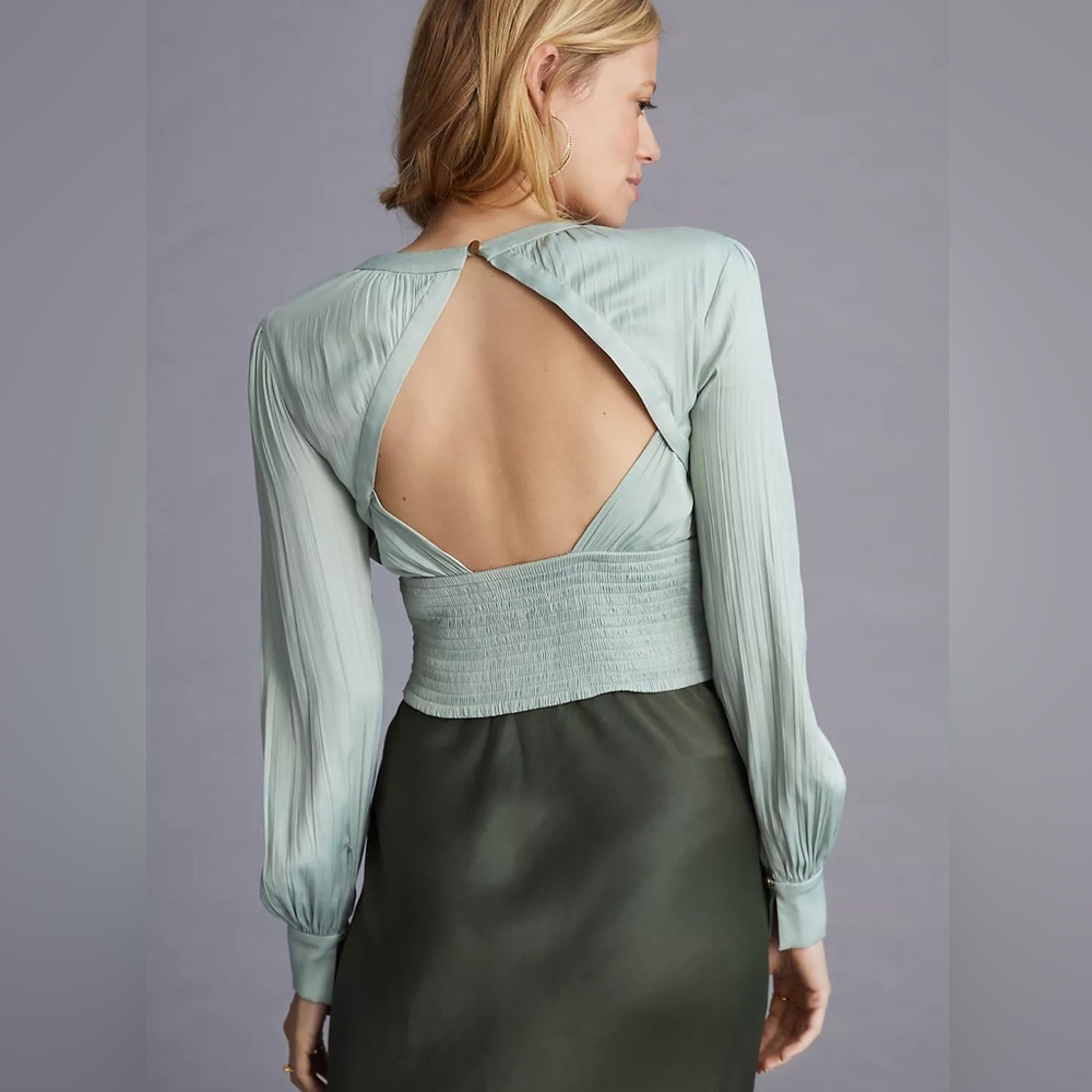 Anthropologie || Blouson Sleeve Blouse Open Back Shirred Silky Light Green‎ XS